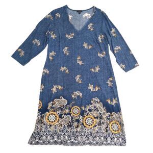 Sami & Jo Plus Women's 1X Blue Faux Denim Floral Paisley Border Print Maxi Dress